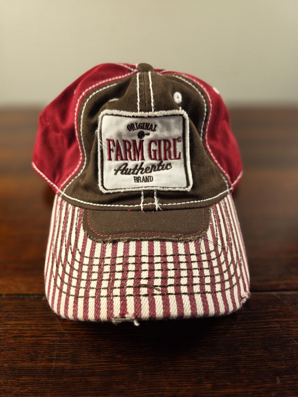 Farm Girl Authentic Brand Women’s Distressed Red Brown Striped Baseball Cap Hat
